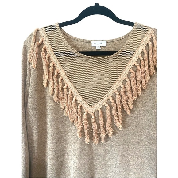 Velzera Boho Western Brown Mesh Fringe Pullover Blouse Shirt Size Small - Picture 2 of 8